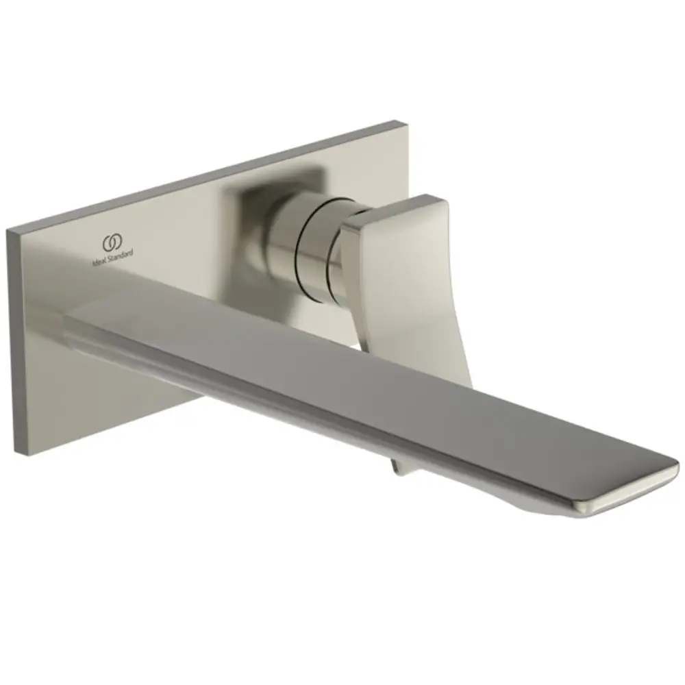 Wand-Waschtischarmatur in silver, mit einer eckigen Rosette und einem flachen Auslauf, hergestellt von Ideal Standard.